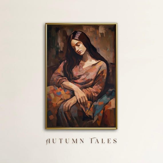 People Art Classic Woman Portrait Wall Art Print Vintage Sleeping Girl Painting Earthy Warm Tone Colors Fall Cozy Home Decor