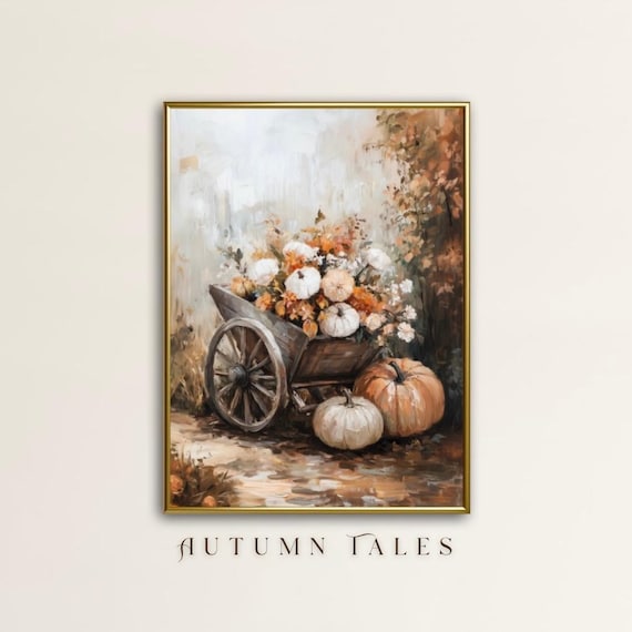 Wooden Wheelbarrow Overflowing With Pumpkins Flowers Fall Style Wall Art