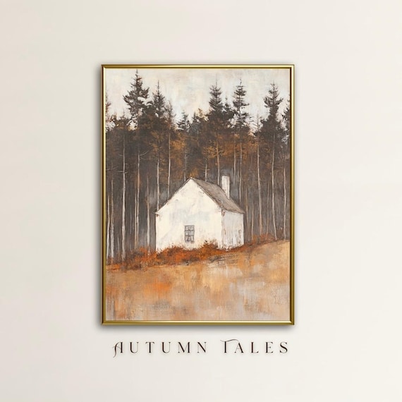 Autumn Tales White Cottage Pine Forest Moody Vintage Farmhouse Art Print