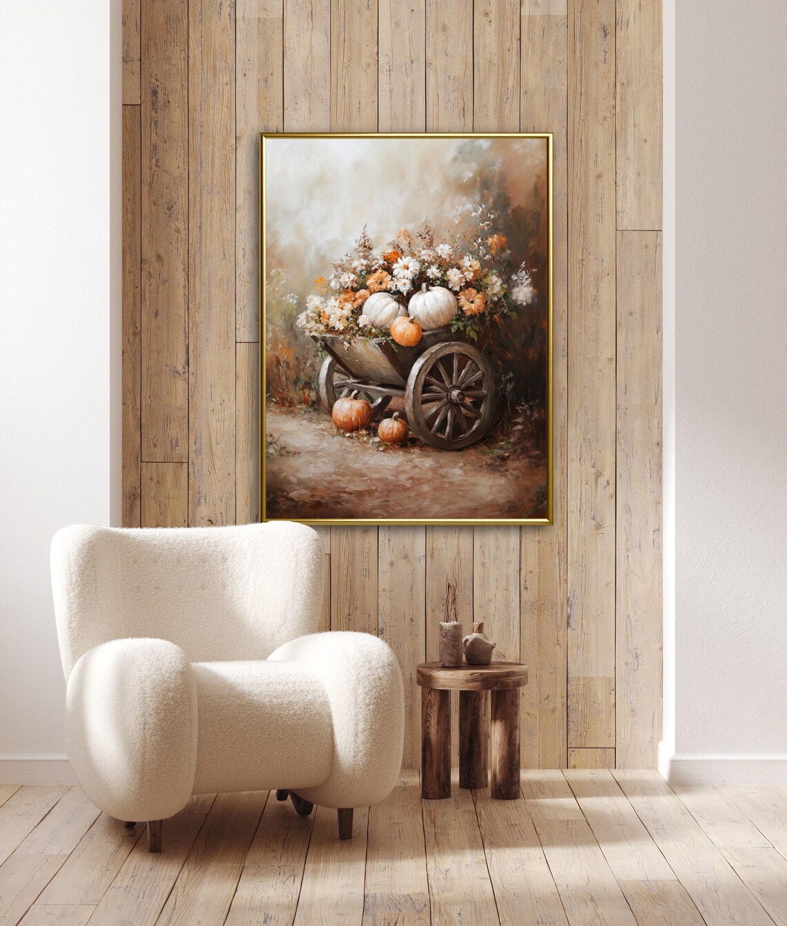 Autumn Tales Wheelbarrow Pumpkins Flowers Vintage Rustic Harvest Art Print - Image 2
