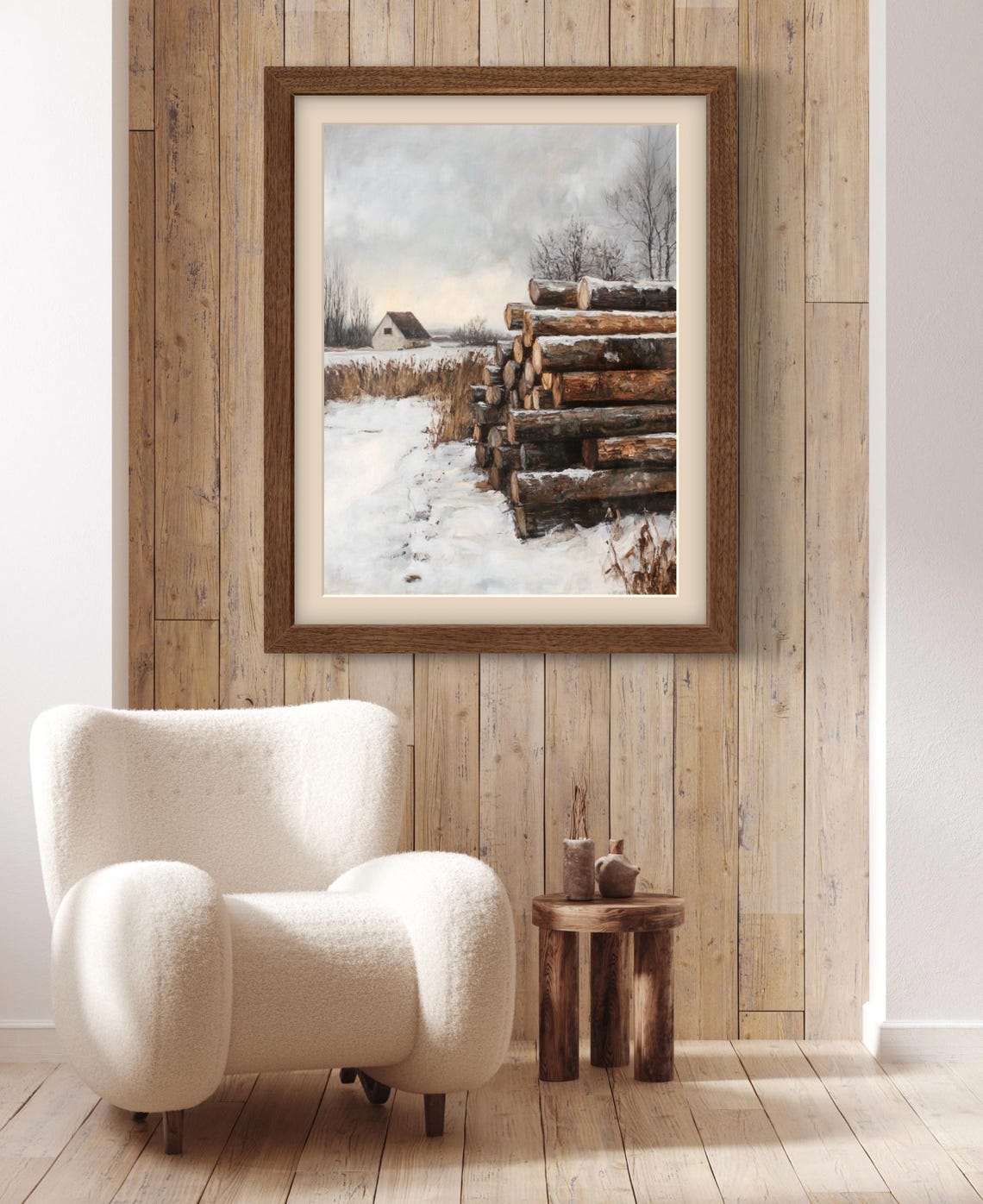Snowy Winter Farm Stacked Wood Logs Barn Landscape Rustic Poster - Image 5
