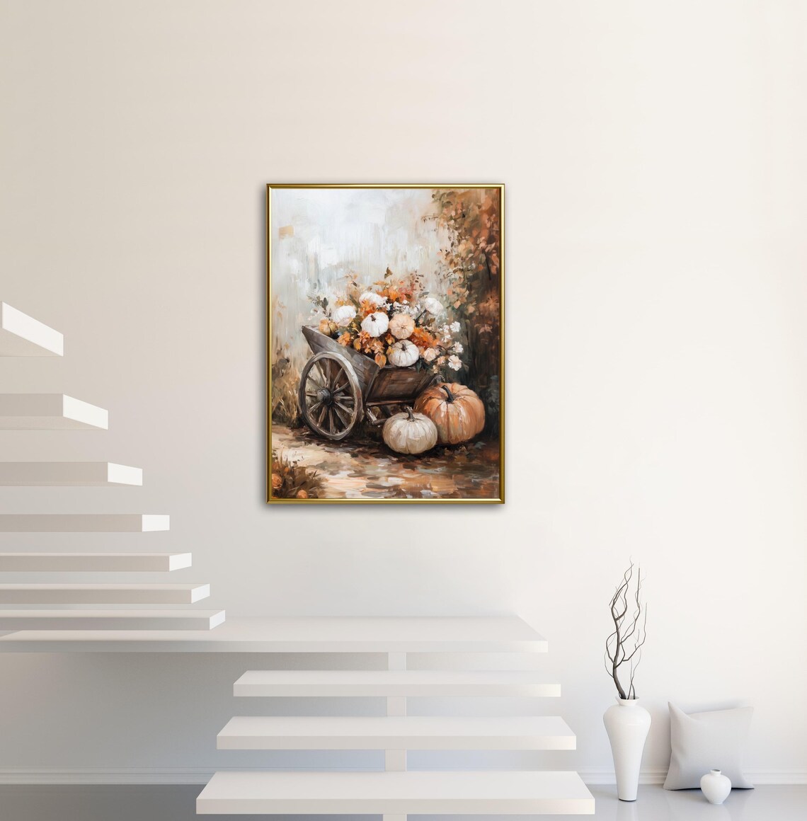 Wooden Wheelbarrow Overflowing With Pumpkins Flowers Fall Style Wall Art - Image 2