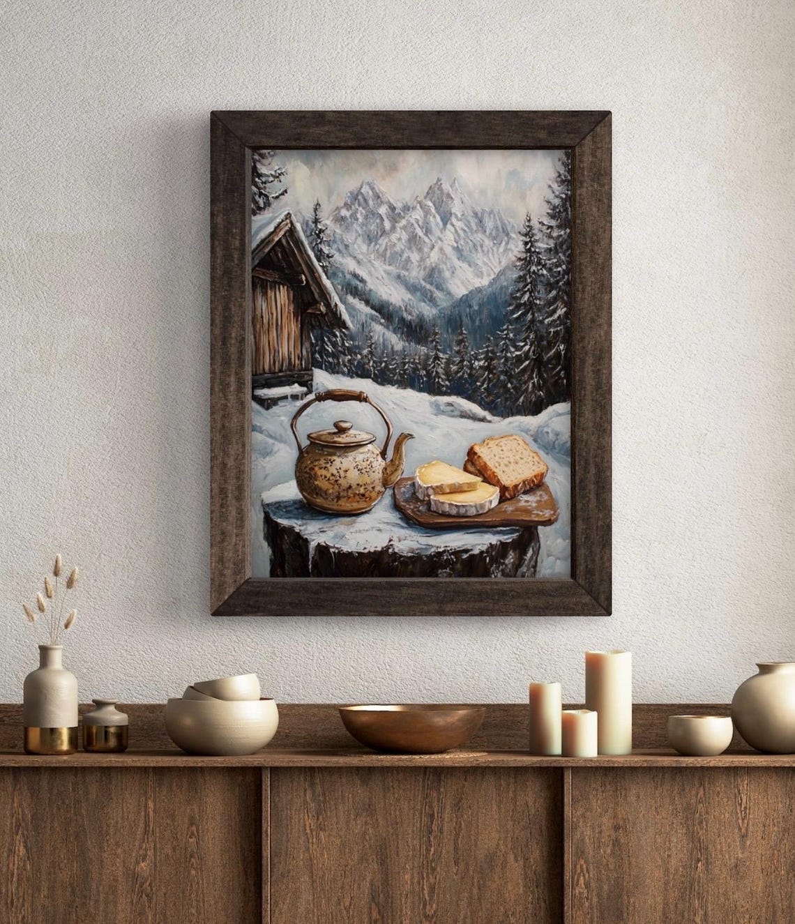 Alpine Tea Time Teapot Bread Cheese Snowy Mountain Art Poster - Image 5