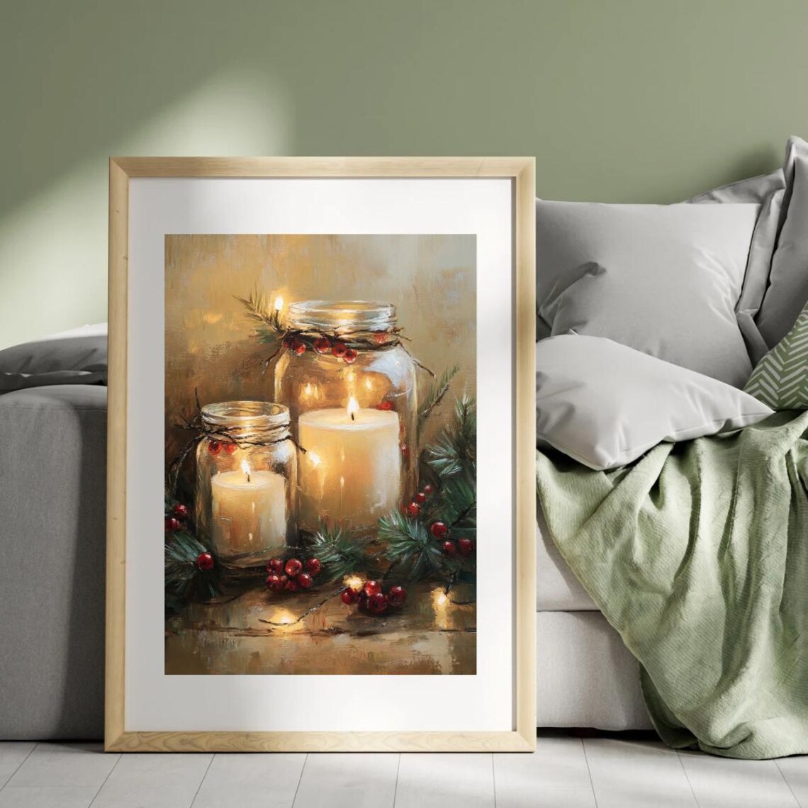Mason Jar Candle With Holly Christmas Art Print - Image 4