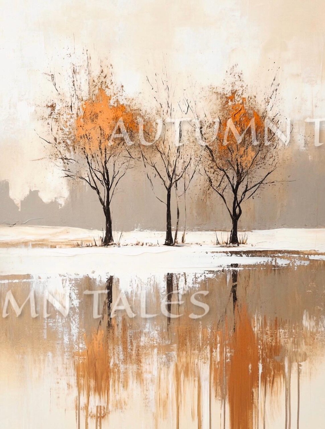 Minimalist Autumn Trees With Orange Foliage Beside Reflective Lake Art Poster - Image 2