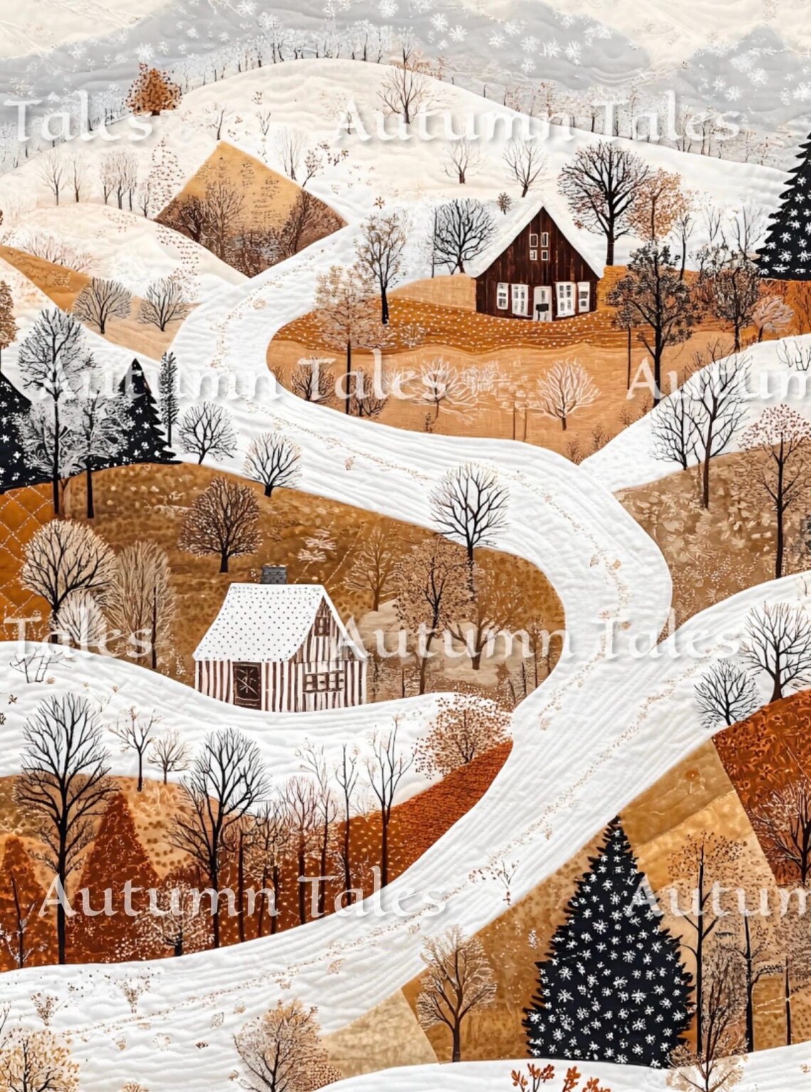 Charming Folk Art Winter Village With Snowy Winding Road Art Print - Image 2