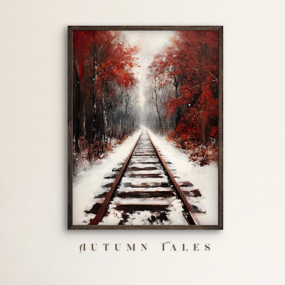 Snowy Railroad Track Through Crimson Winter Forest Moody Landscape Poster