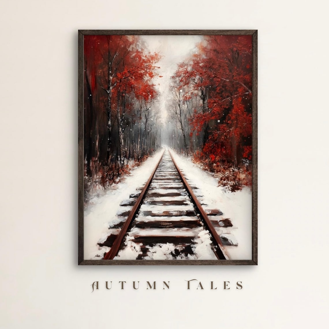 Snowy Railroad Track Through Crimson Winter Forest Moody Landscape Poster