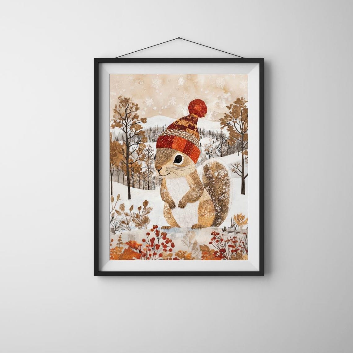 Cute Squirrel Red Beanie Hat Snowy Forest Winter Animal Poster - Image 2