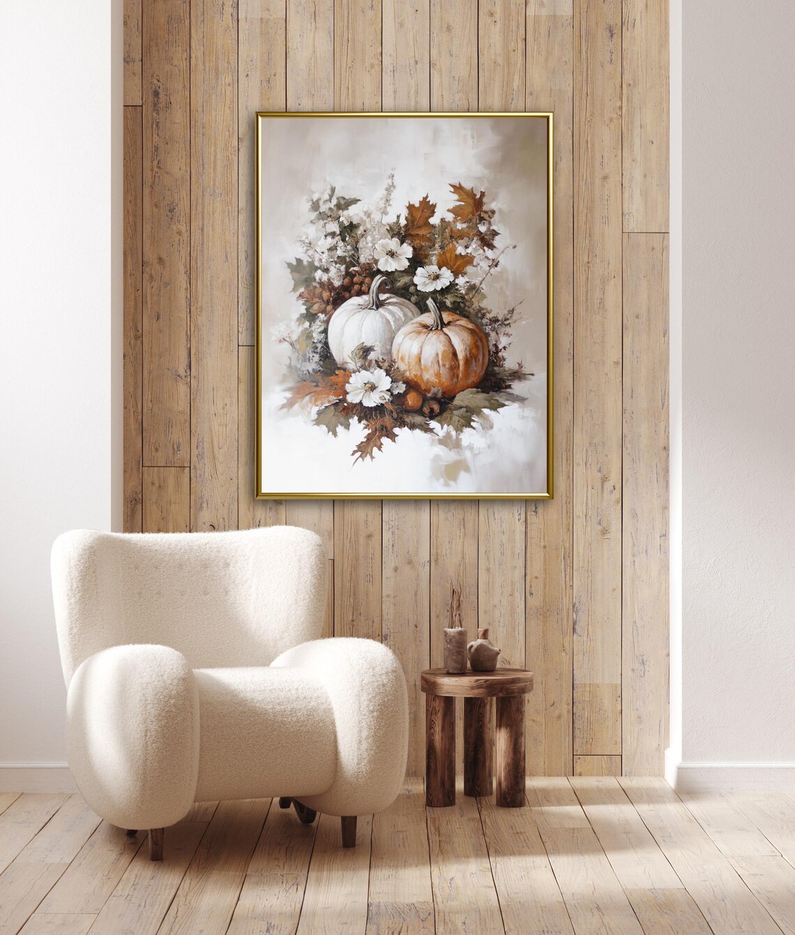 White and Orange Pumpkins With Wildflowers Bouquet Autumn Style Wall Art - Image 3