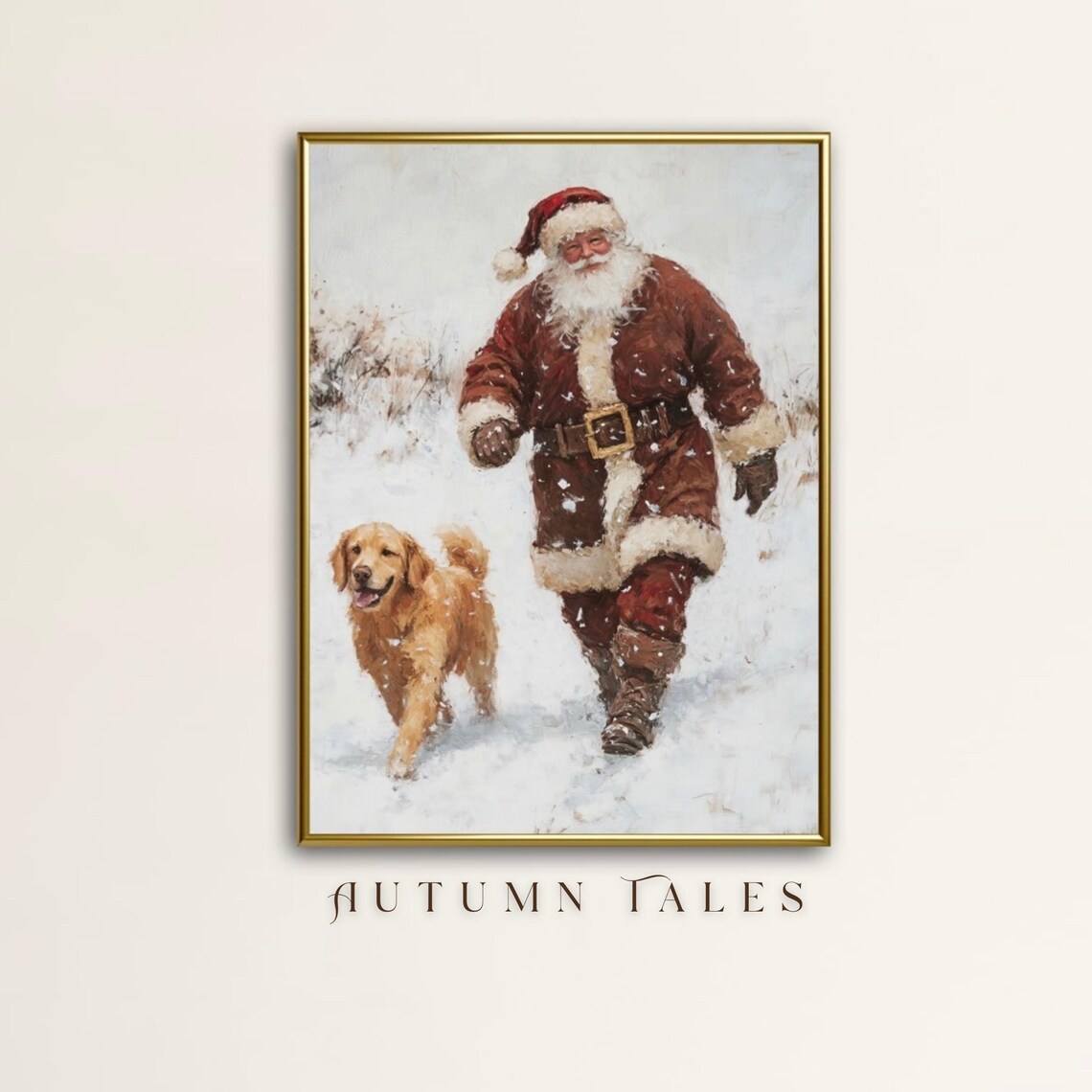 Santa Golden Retriever Christmas Art Print, Vintage