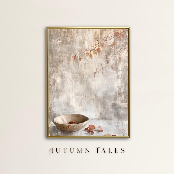 Minimalist Ceramic Bowl With Autumn Leaves Branch Wabi Sabi Wall Art