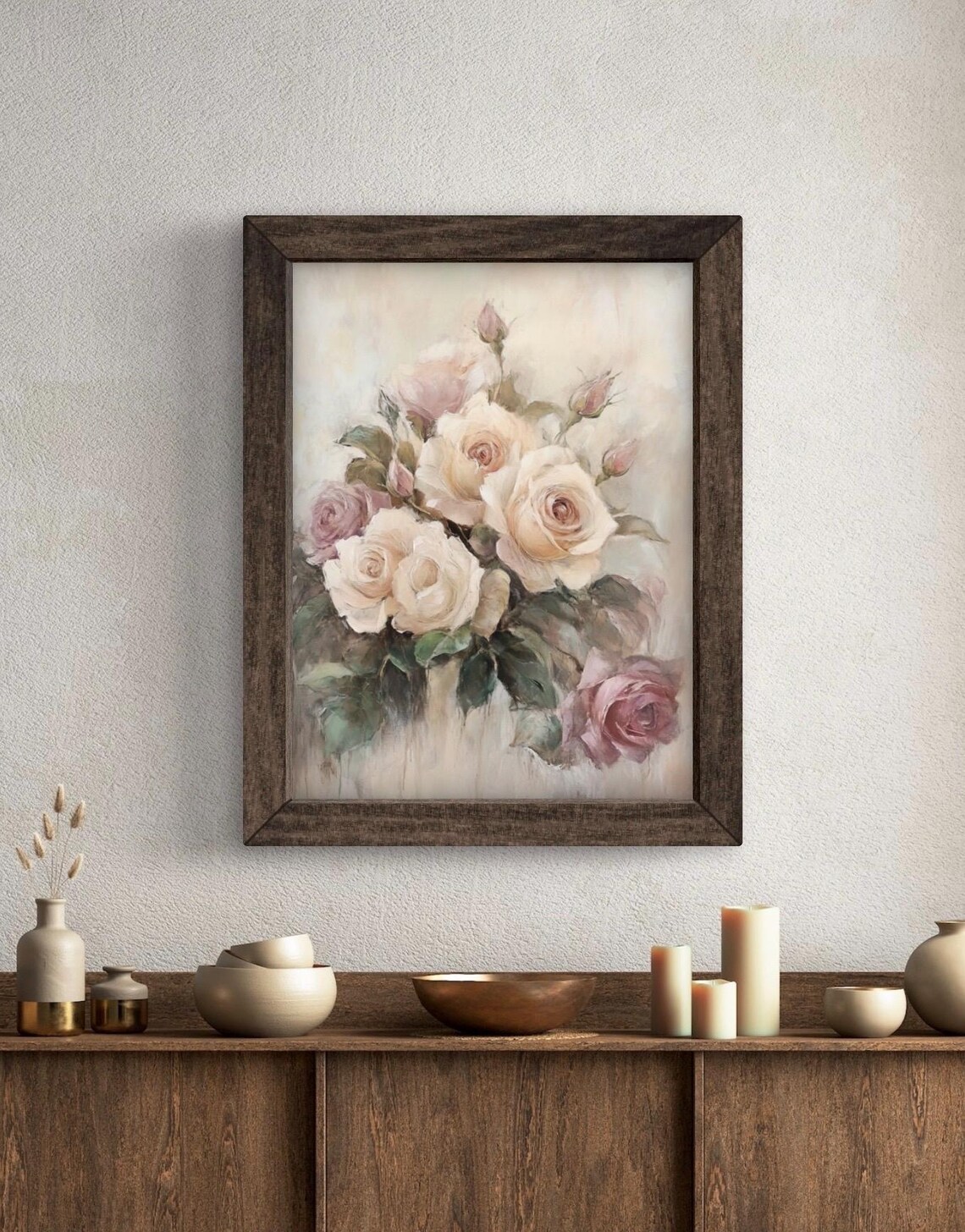 Beige and Blush Pink Roses Bouquet Vintage Botanical Floral Wall Art Print - Image 5