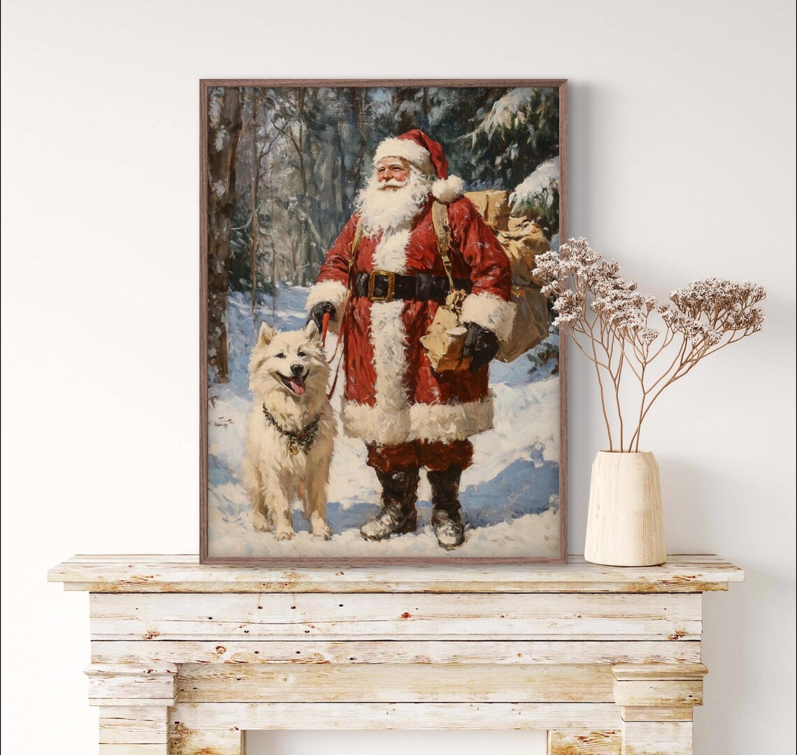 Santa Samoyed Dog in Winter Forest Art Print - Image 3