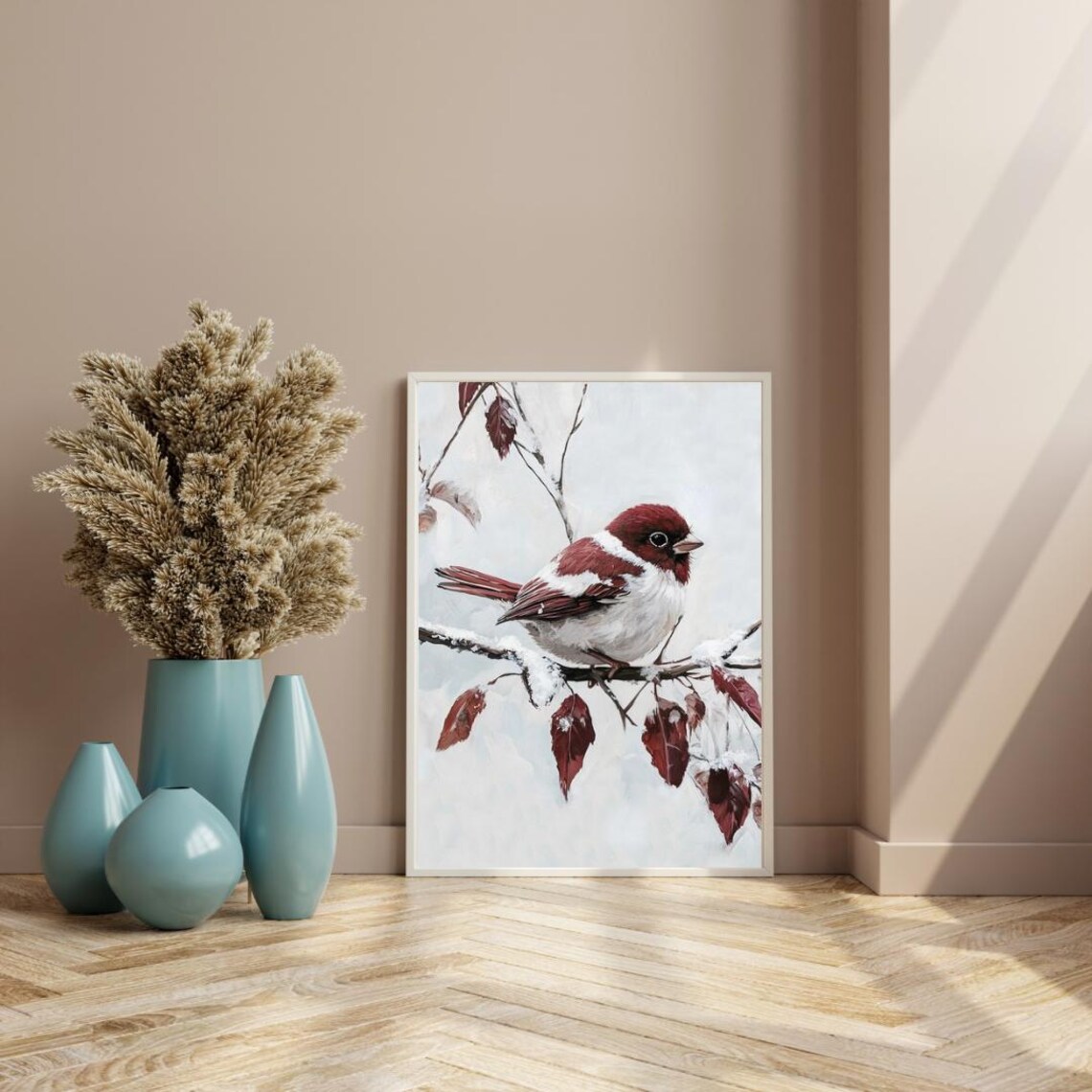 Red Winter Sparrow Art Print, Moody Seasonal Wildlife - Image 3