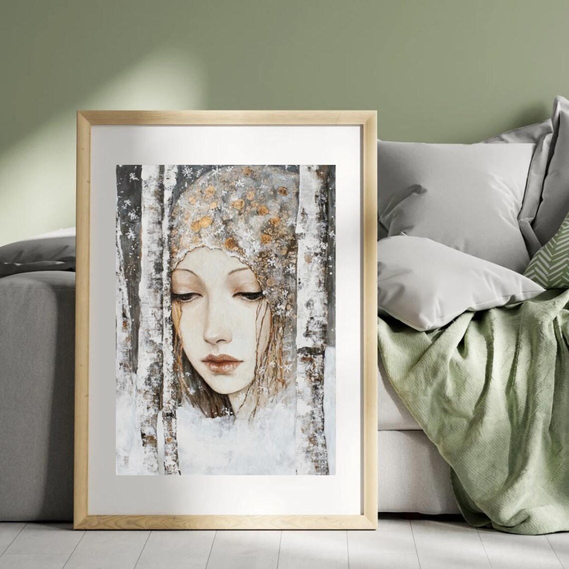 Winter Woman Portrait Emerging from Snowy Birch Forest Klimt Inspired Wall Art - Image 4
