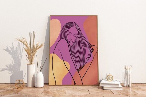 Minimalist One Line Woman Portrait in Purple and Peach Tones Poster