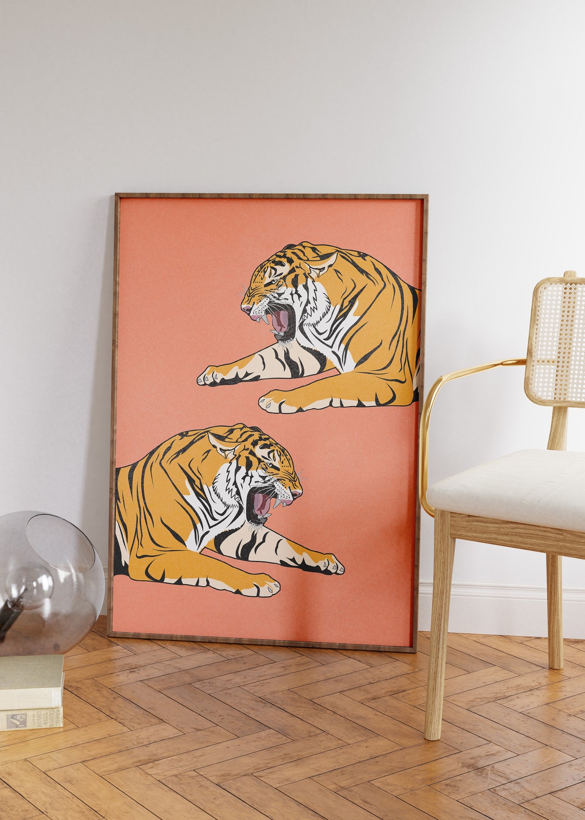 Two Tigers Coral Background Wild Animal Illustration Decor Poster