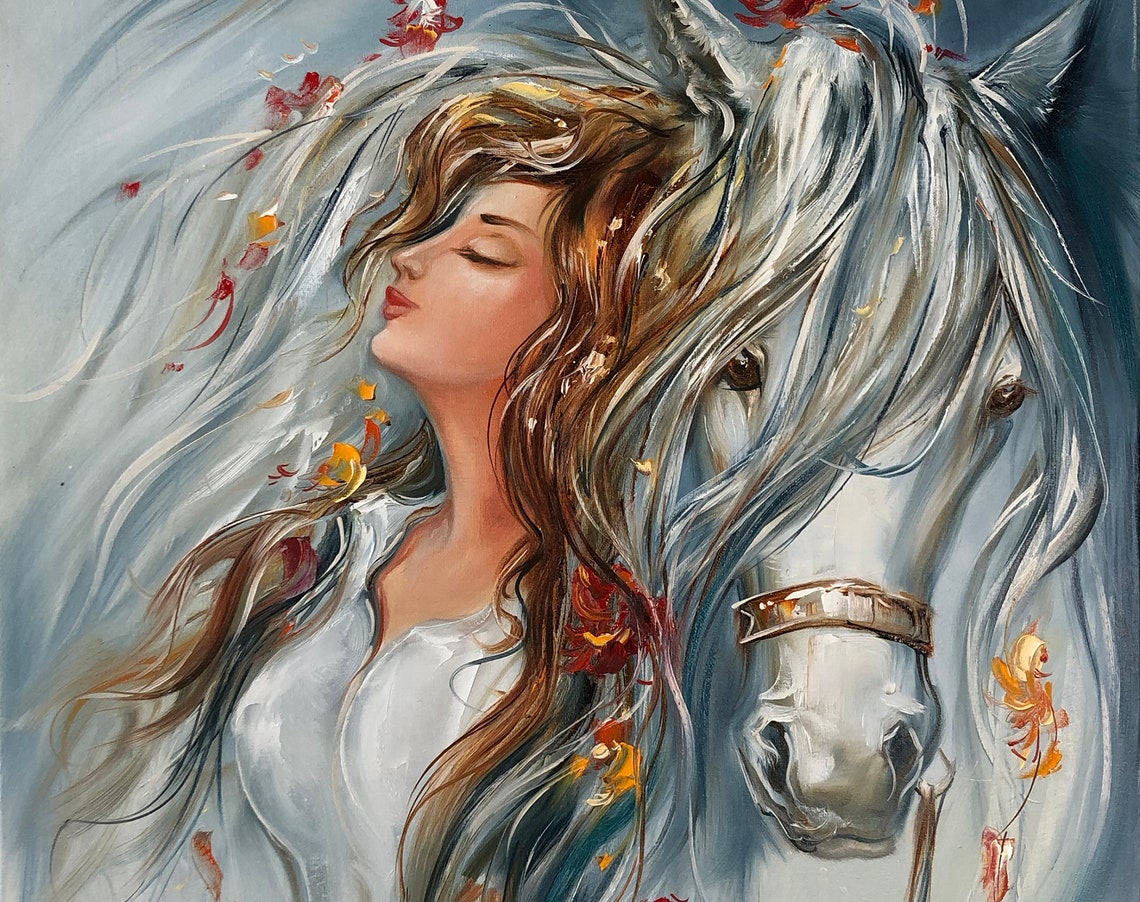 Girl And Horse Painting Wild Horse Wall Art Animal Painting On White Horse Art Women Gift Original Woman With Horse Oil Painting - Image 3