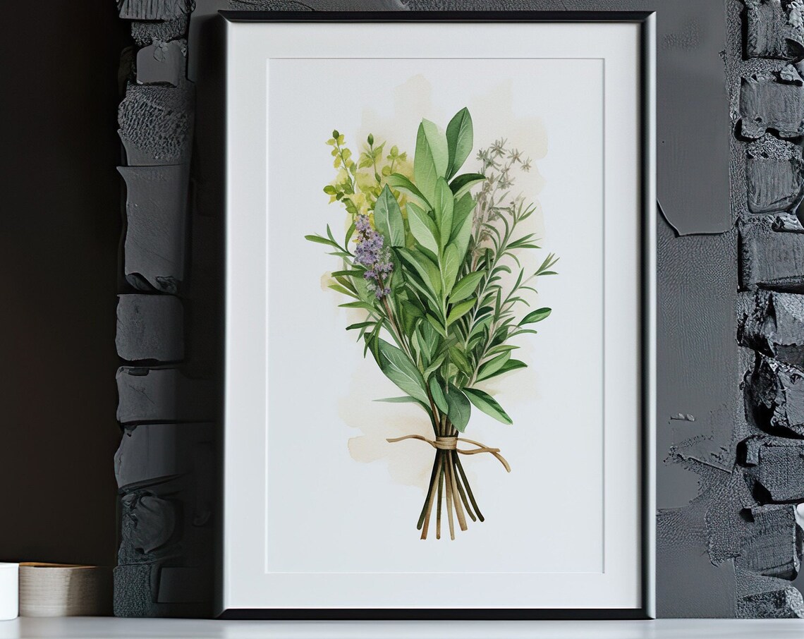 Fresh Green Kitchen Herbs Bouquet Watercolor Botanical Art Poster - Image 5