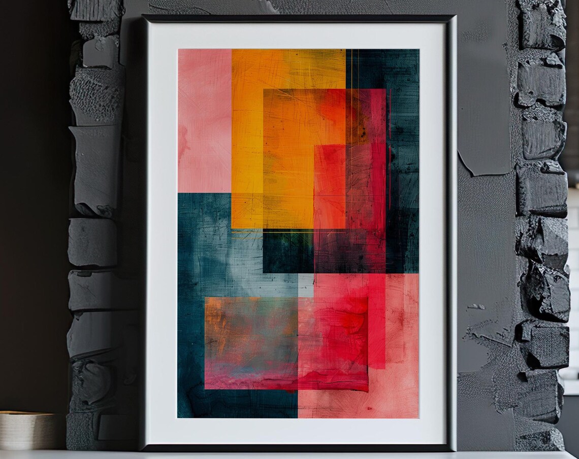 Geometric Abstract Color Blocks Navy Orange Pink Graphic Art Poster - Image 5