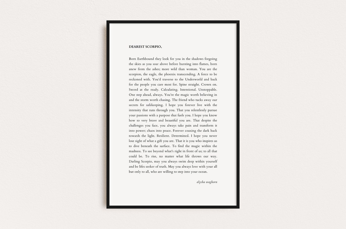 Dearest Scorpio Star Sign Letter Minimalist Typography Wall Art