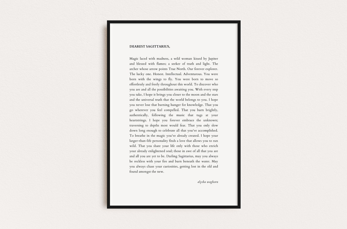 Dearest Sagittarius Star Sign Letter Minimalist Typography Wall Art