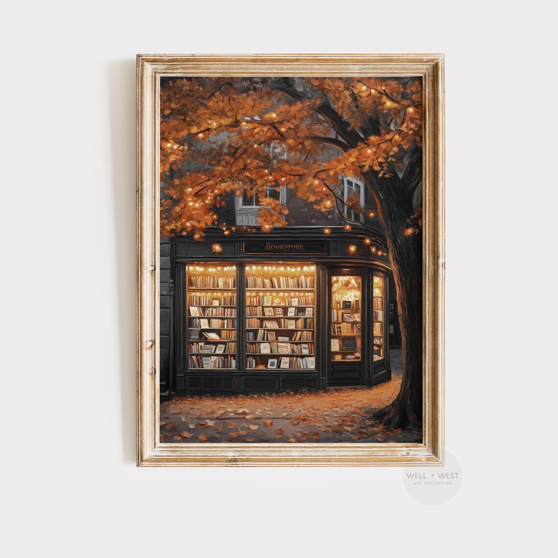 Autumn Bookstore Print, Moody Rustic Fall Shop Art
