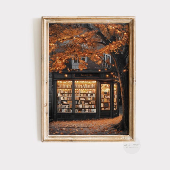 Autumn Bookstore Print, Moody Rustic Fall Shop Art