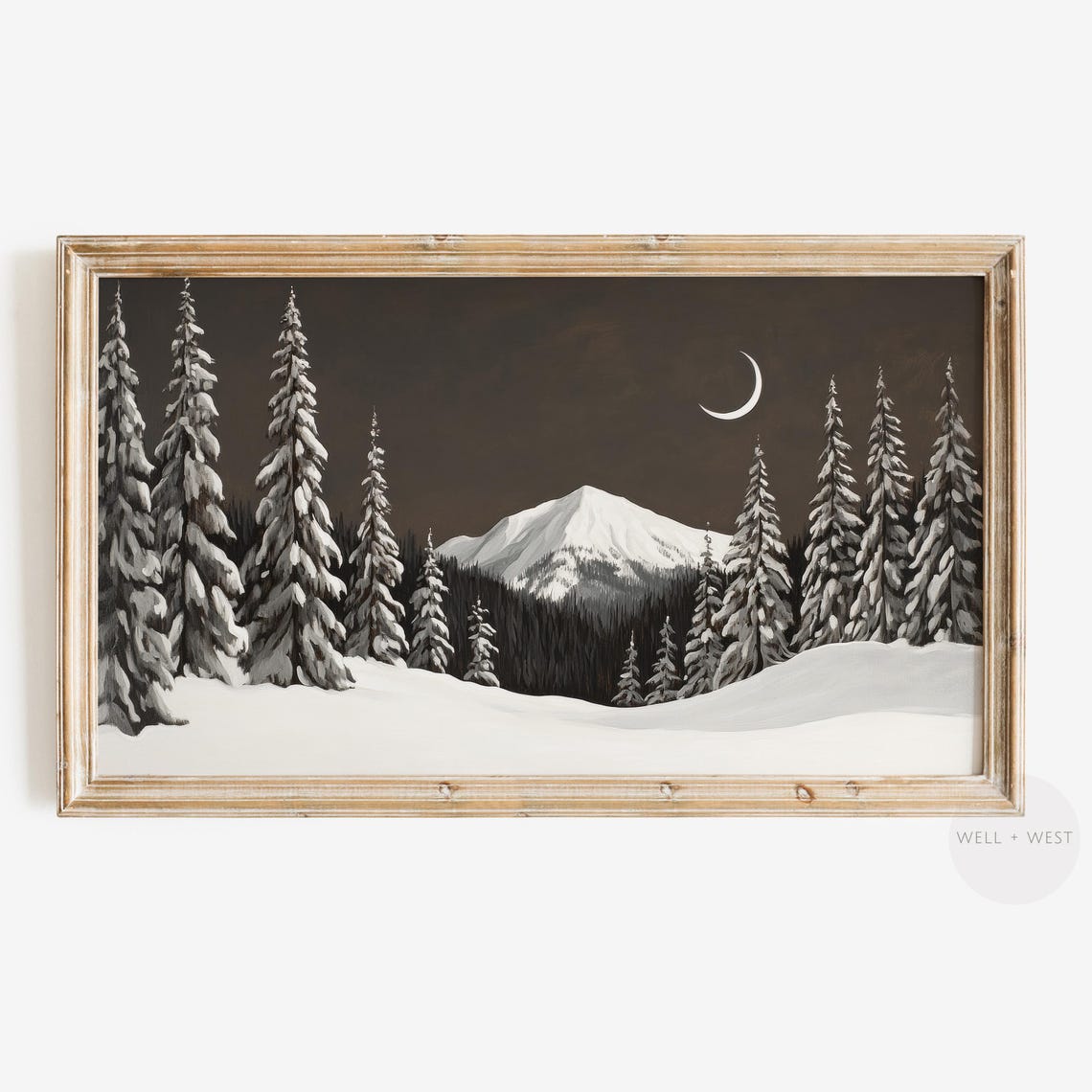 Crescent Moon Over Snowy Mountain Pines Night Winter Landscape Print