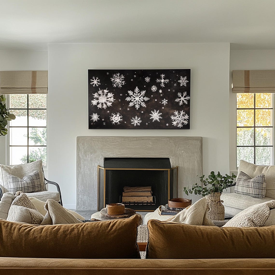 White Snowflakes on Black Chalkboard Style Winter Holiday Wall Print - Image 2