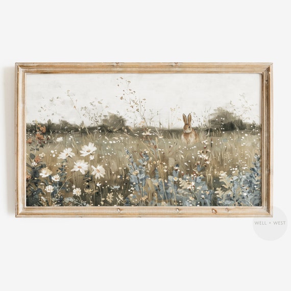 Rabbit Frame TV Art Vintage Style Wildflower Field Poster
