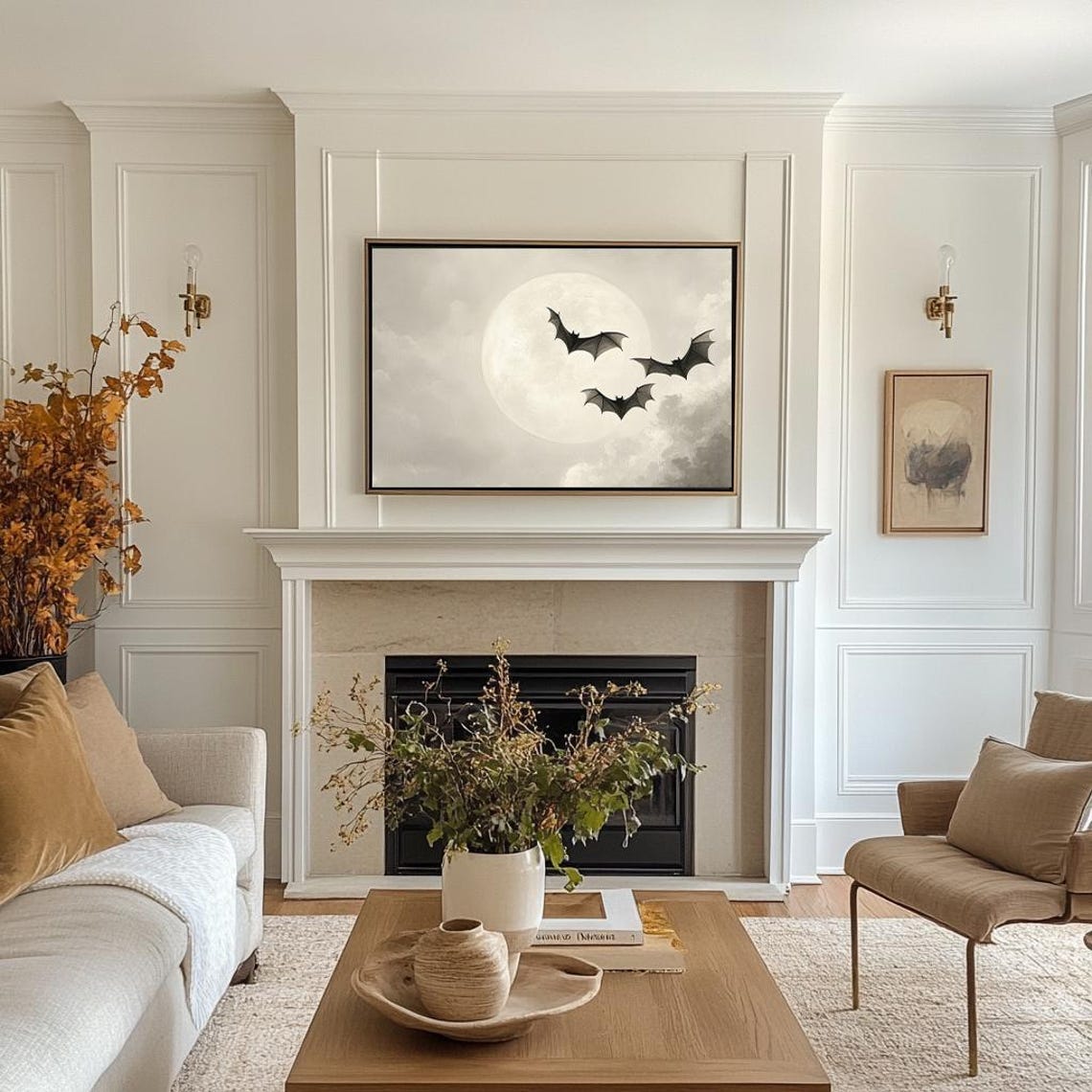 Neutral Halloween Bats Full Moon Light Beige Vintage Spooky Wall Art - Image 3