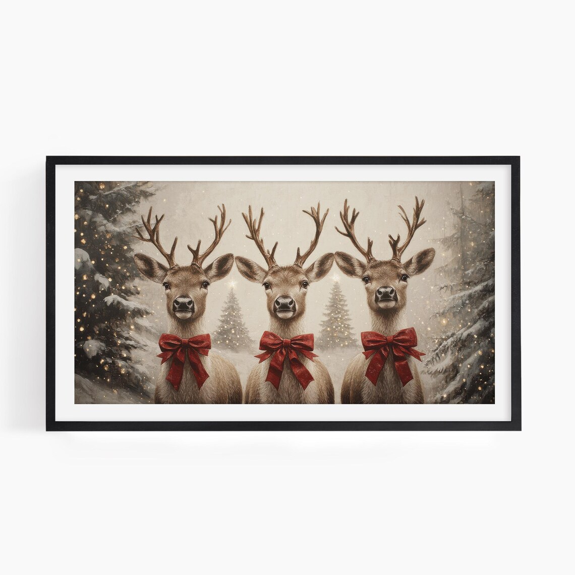Moody Christmas Reindeer In Red Bows Art Print - Image 2