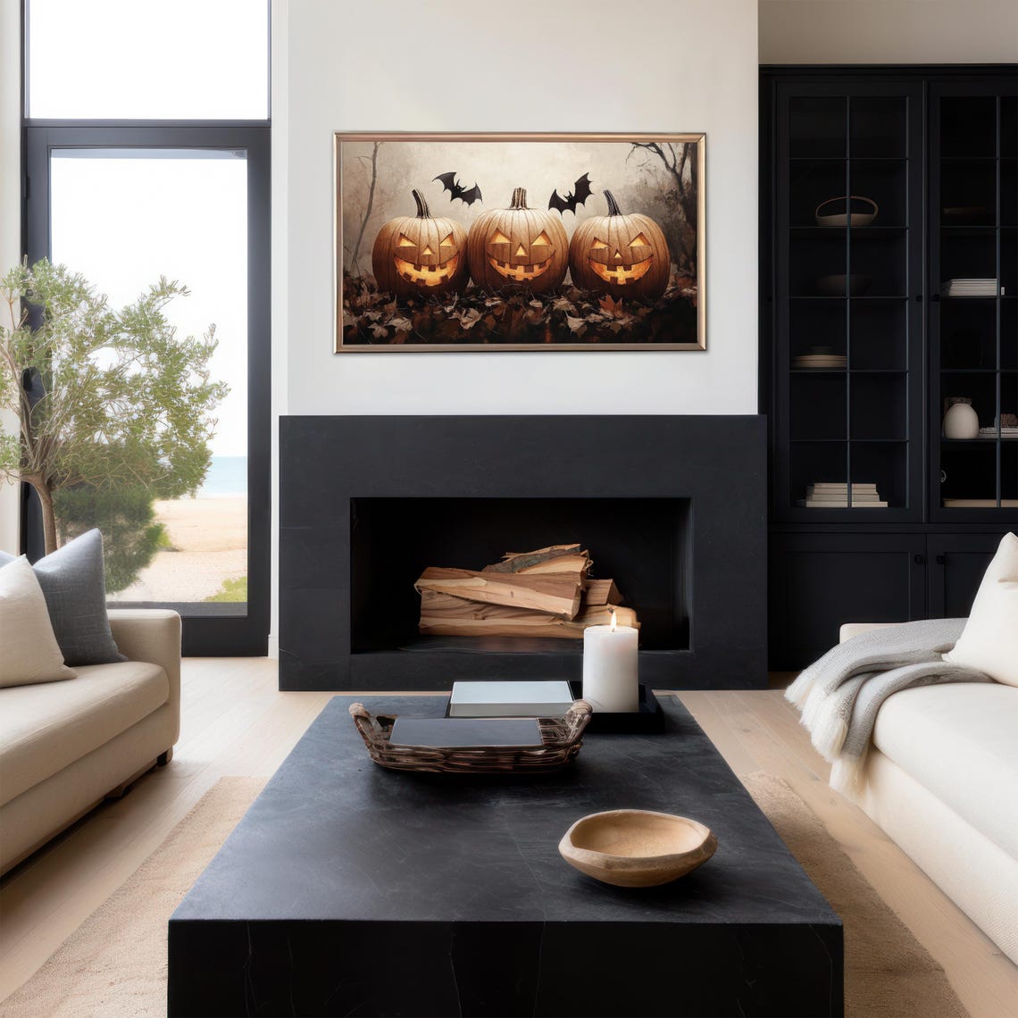 Three Glowing Jack O Lanterns Bats Vintage Halloween Art Print - Image 3