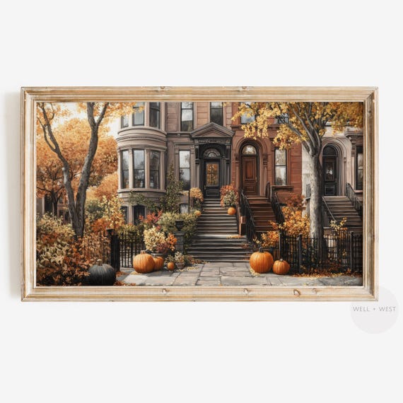 Cozy Autumn Brownstone House, Vintage Fall Art Print