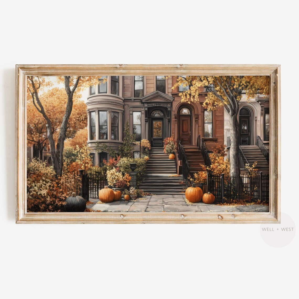 Cozy Autumn Brownstone House, Vintage Fall Art Print