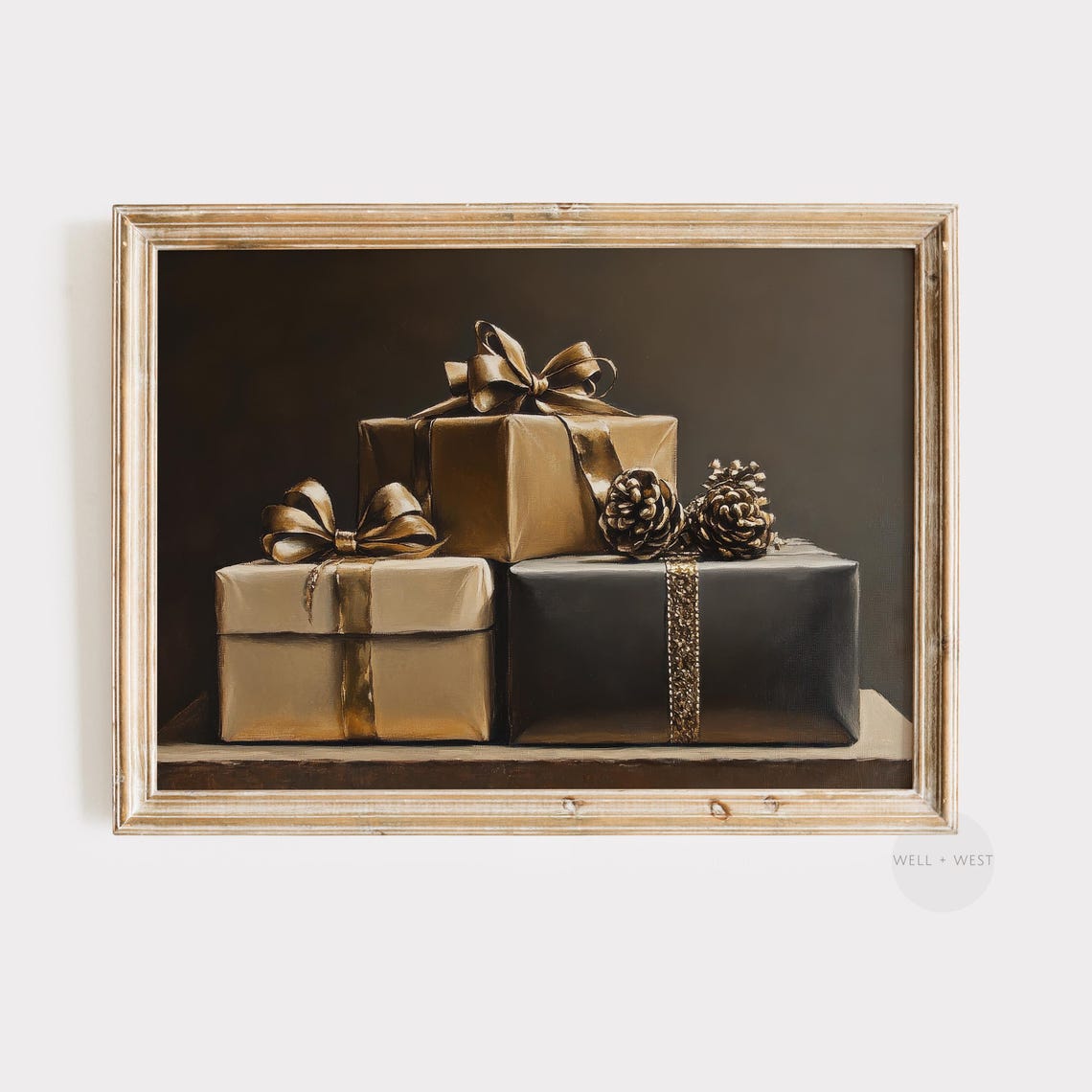 Moody Wrapped Christmas Gifts Gold Ribbons Pinecones Holiday Poster