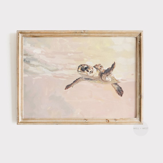 Sea Turtle Oil Painting Pastel Pink Coastal Art Print
