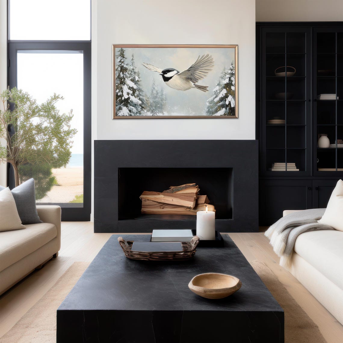 Chickadee in Flight Over Snowy Pines Winter Forest Wall Art Print - Image 3