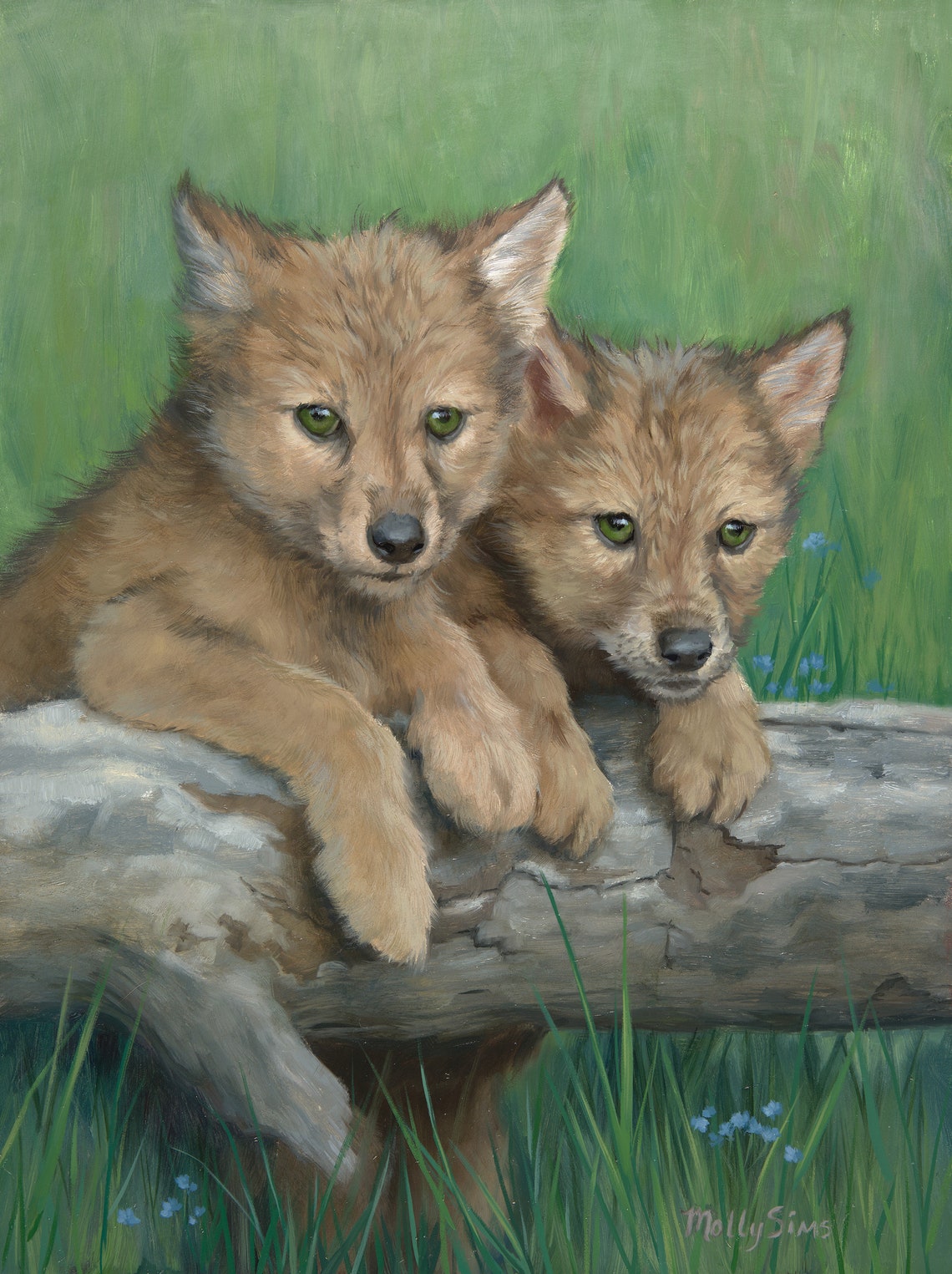 Two Wolf Pups Resting on a Fallen Log Oil Painting Wildlife Poster