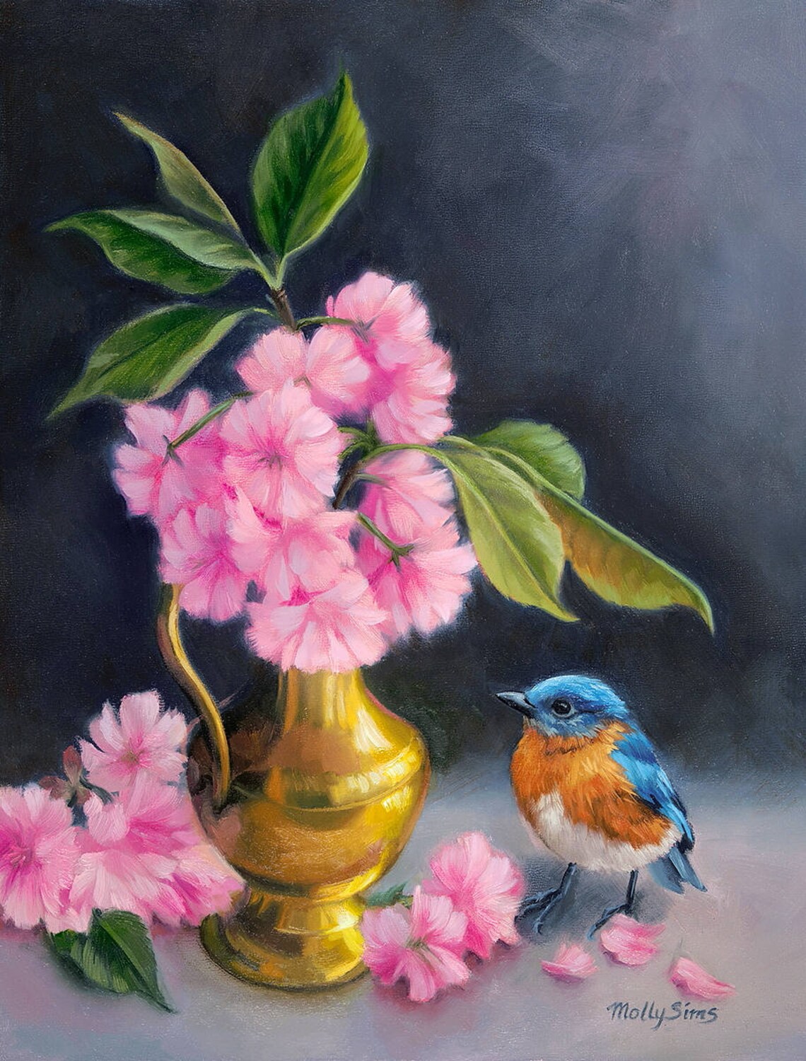 Pink Cherry Blossoms with a Bluebird Oil Painting Floral Poster