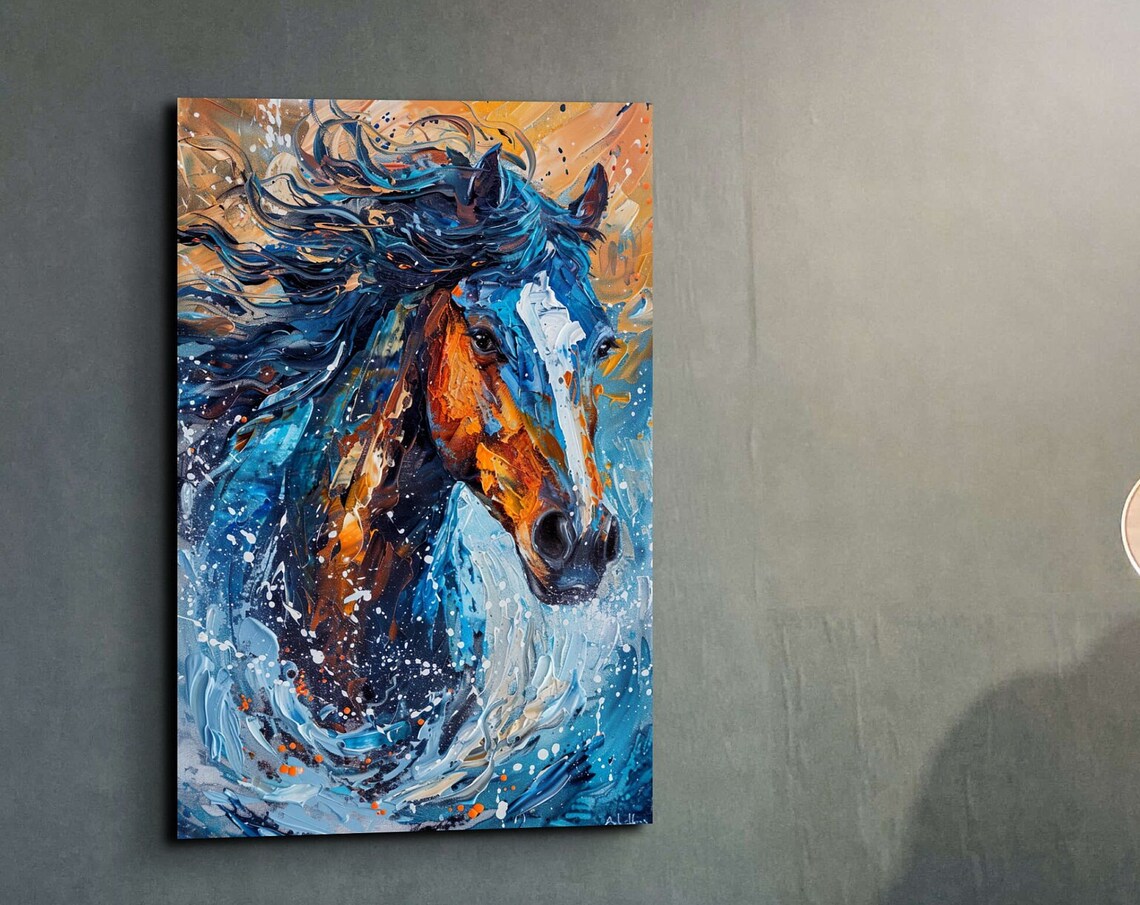 Dynamic Horse Head in Blue Orange Palette Knife Paint Swirl Poster