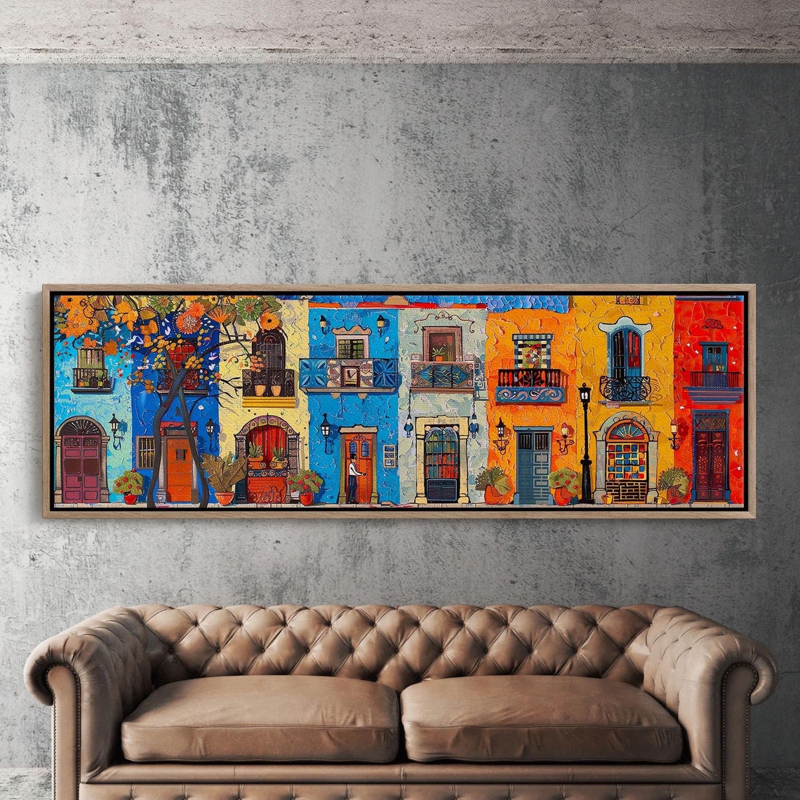 Colorful Old Town Mexican Facades Mosaic Panoramic Art Poster