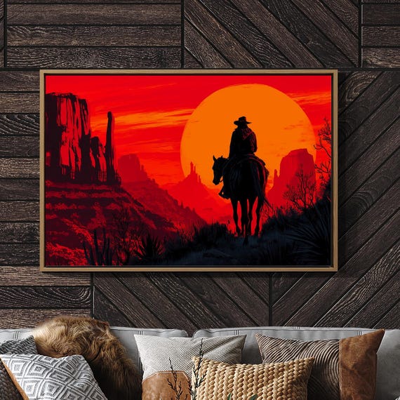 Cowboy Silhouette At Fiery Desert Sunset