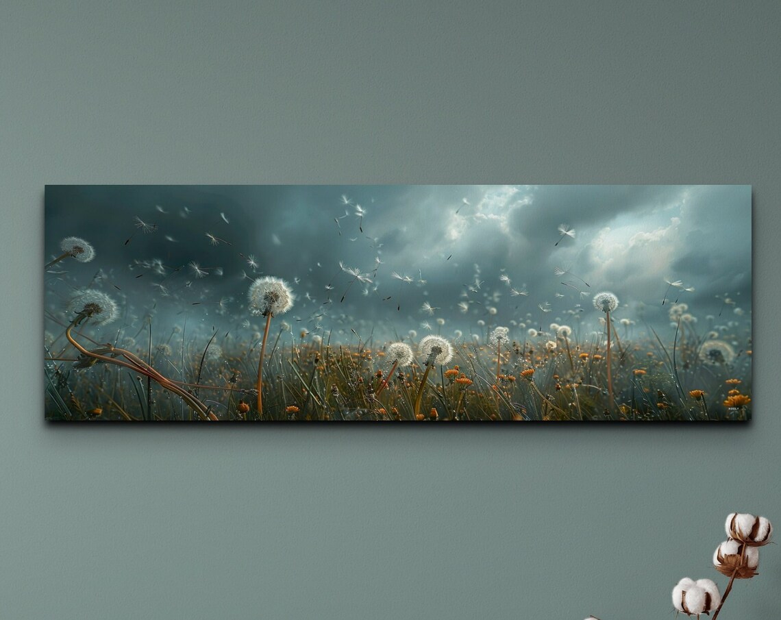 Gloomy Cloudy Dandelion Meadow Wall Art Print