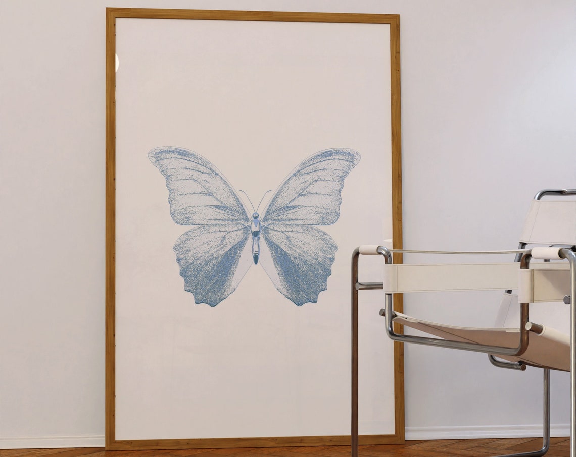 Pale Blue Butterfly Detailed Wing Illustration Minimalist Wall Art