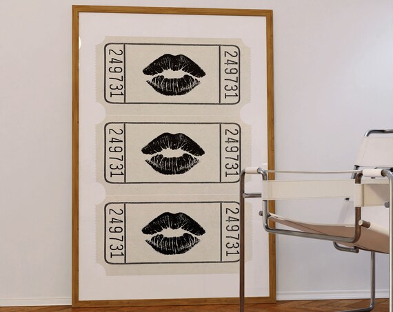 Black Lipstick Kiss Marks on Ticket Stubs Bold Monochrome Poster