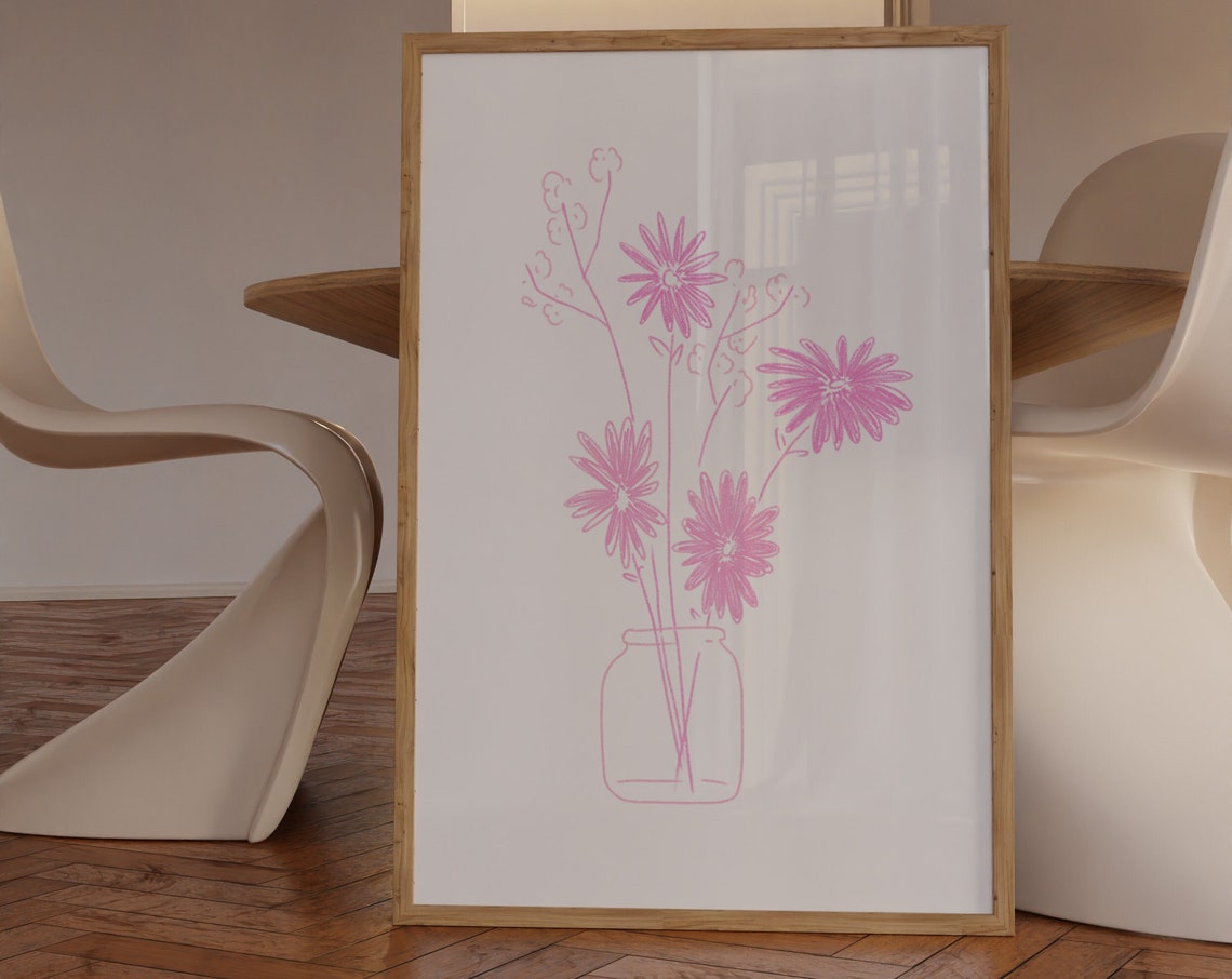 Pink Daisy Flowers Mason Jar Line Art Sketch Minimalist Floral Poster - Image 3