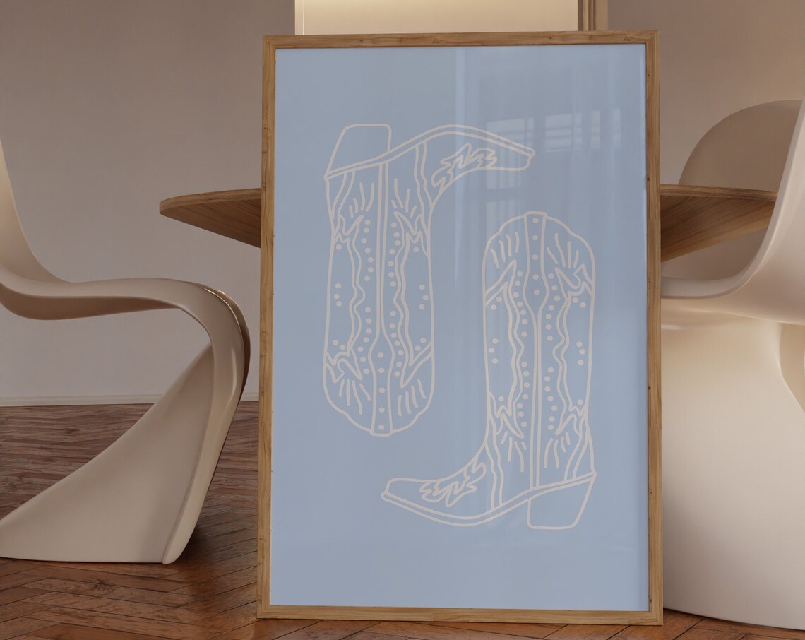 Cowboy Boots Blue Art Print, Trendy Western Poster